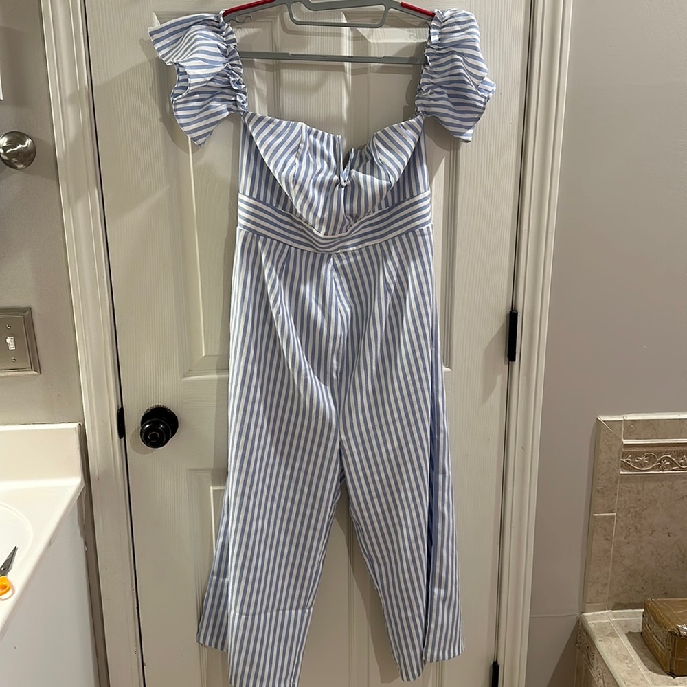 Pinkblush Blue and White Striped Off-Shoulder Jumpsuit